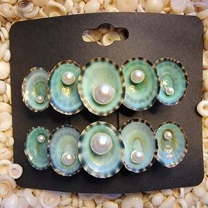2 1/2" Mexican Aqua Limpet Shells with Swarovski White Pearls Barrettes Set
